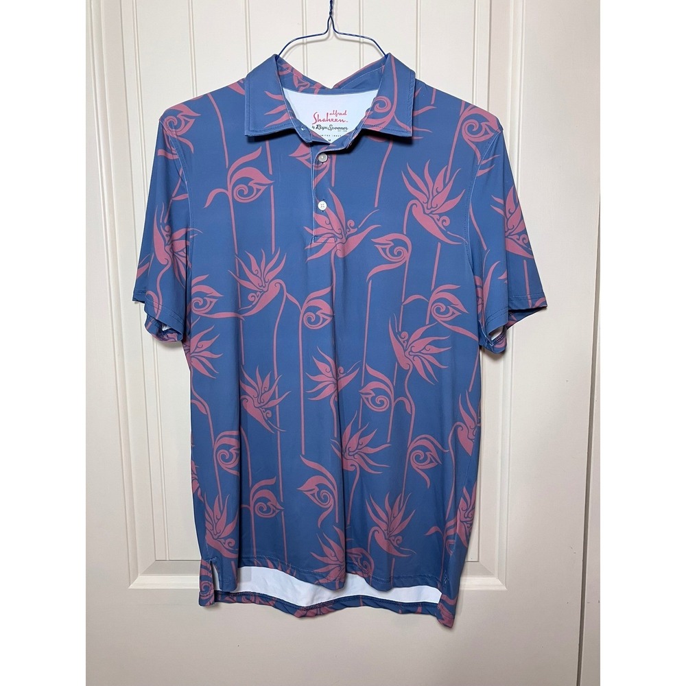 Reyn Spooner Alfred Shaheen Mens Medium Blue Pink Bird of Paradise Polo Shirt